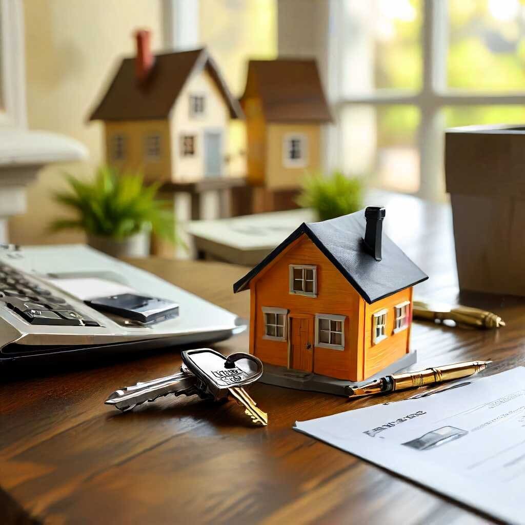 House keys, a small house model, and a calculator on a desk, representing creative financing strategies in real estate investing