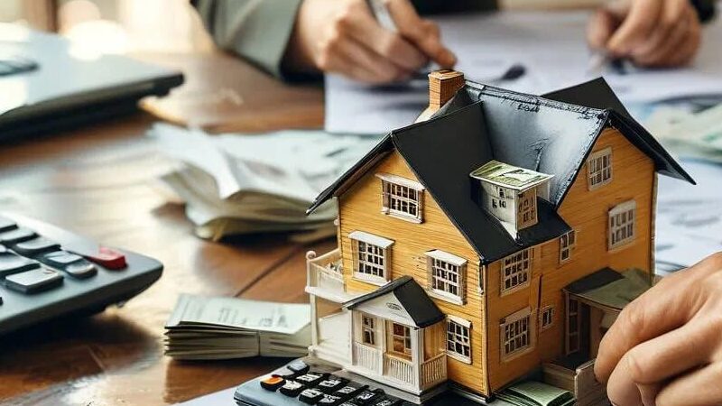 Two people exchanging a small house model and money, symbolizing a subject to real estate sale