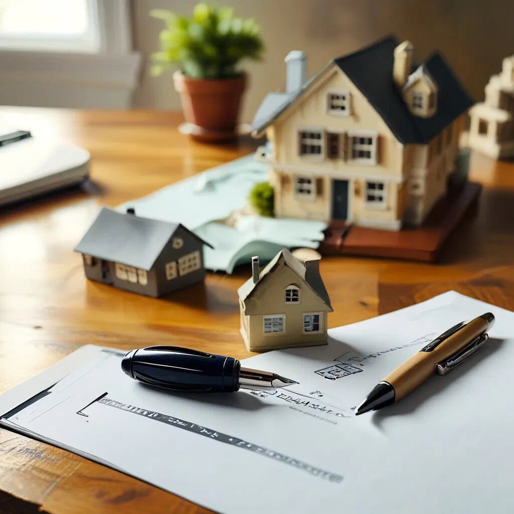 Keys, a pen, and a house model on a desk, symbolizing signing real estate contracts using creative financing methods.