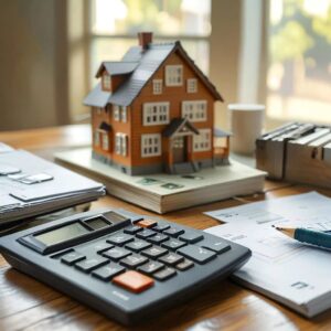 A desk showing a small house model, keys, and cash representing a subject to real estate transaction